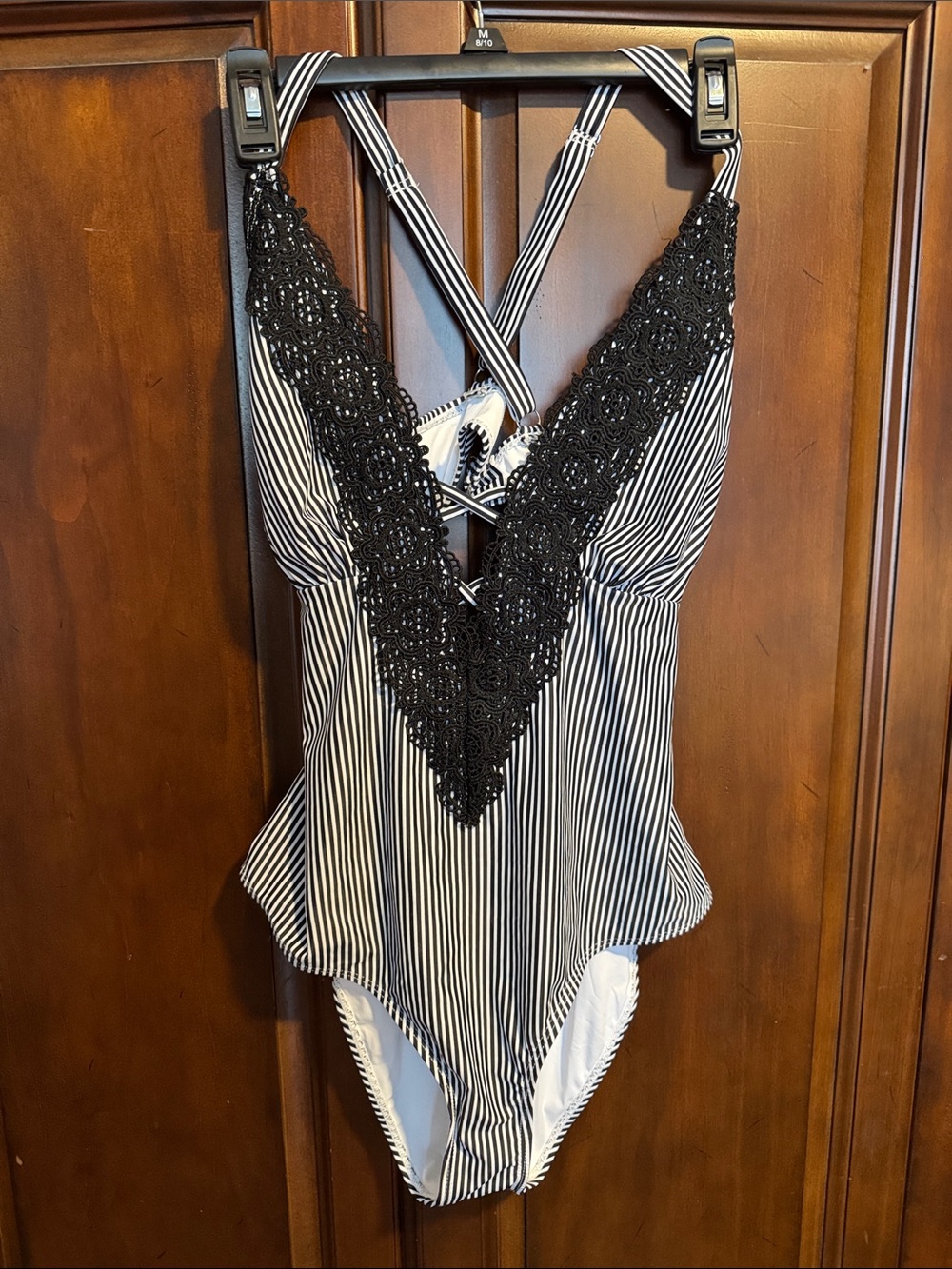 Cupshe Black & White Striped One-Piece Swimsuit with Lace V 0X XL